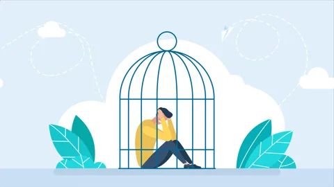 Lockdown. Man locked in a cage. Man in depression, despair, domestic violence Stock Footage 255790413