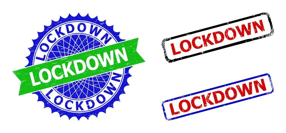 LOCKDOWN Rosette and Rectangle Bicolor Stamps with Distress Styles Stock Illustration
