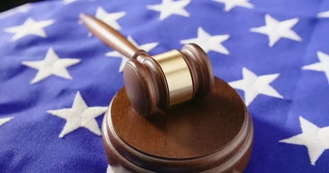 Lockdown Shot Of Gavel On Flag At Table Stock Footage 86085349