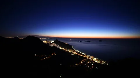 Lockdown shot of sun rising above seashore in Rio de Janeiro, Brazil Video stock 114851520