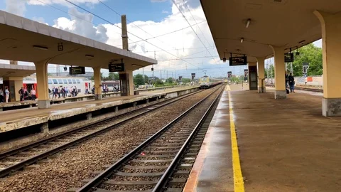 Lockdown shot of the train arriving at the railway platform Stock Footage 122518474