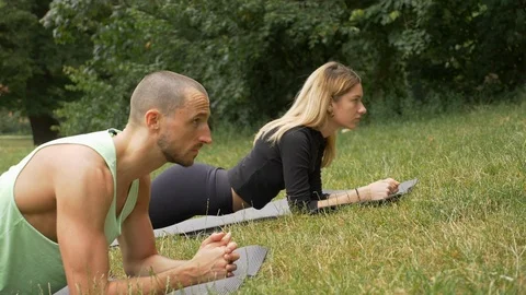 Lockdown shot of two young people in sportswear doing planks in park Stock Footage 114874252