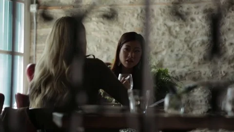 Lockdown shot of woman talking to friend at cafe Stock Footage