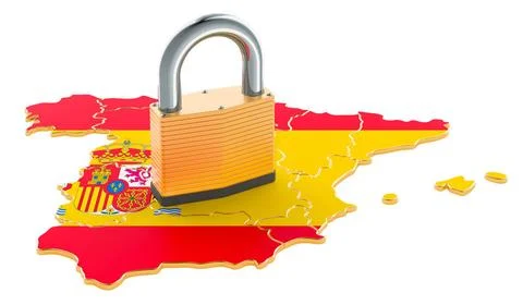 Lockdown in Spain. Padlock with map, border protection concept. 3D renderi... Stock Photos