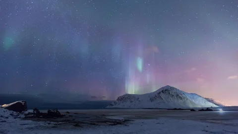 Lockdown Time-lapse of Green, Purple and Blue Aurora Borealis Skagsanden of Video stock 109427690