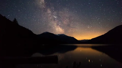Lockdown Time Lapse Majestic View Of Starry Sky Over Mountains By Lake - Stock Footage 160318834