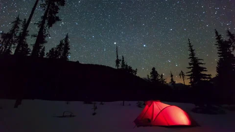 Lockdown Time Lapse Shot Of Red Tent Over Snow Covered Landscape In Forest Stock Footage 160329311