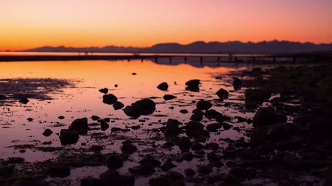 Lockdown Time Lapse Shot Of Rocks Over Wet Landscape Against Clear Sky During Stock Footage 160326294