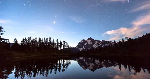 Lockdown time lapse shot of stars reflection on Picture Lake from night to day - Stock Footage 130185626