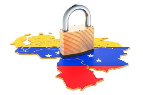 Lockdown in Venezuela. Padlock with map, border protection concept. 3D render イラスト素材