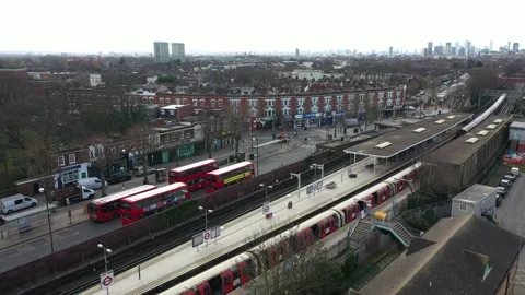 LOCKDOWN VIEW OF LEYTONSTONE TRAIN STATION AERIAL Stock-Footage 149901506