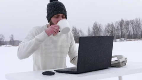 Lockdown in the woods. Office work remotely. Call center in winter in the forest Stock Footage 148603012