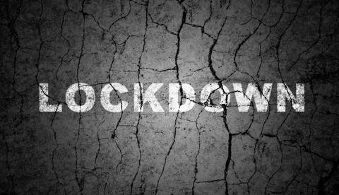 Lockdown world, lockdown text word written in black and white grunge wall Stock Photos