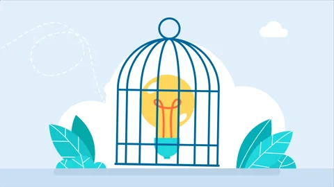 Locked bird cage with a light bulb. Trap, imprisonment, jail. Limited thinking Stock Footage 255555305