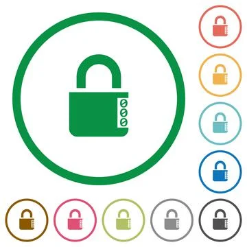 Locked combination lock with side numbers flat icons with outlines Stock Illustration