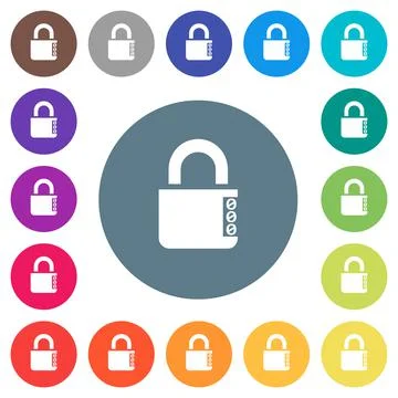 Locked combination lock with side numbers flat white icons on round color bac Stock Illustration
