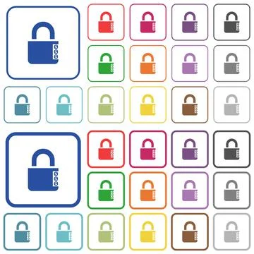 Locked combination lock with side numbers outlined flat color icons Stock Illustration