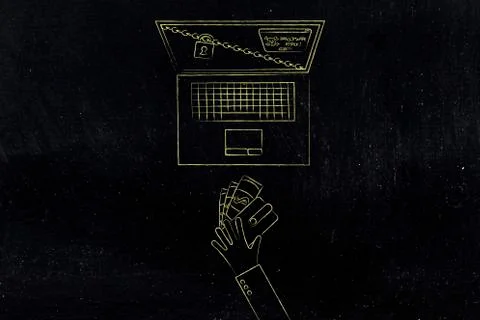 Locked computer with ransomware attack pop-up &amp;  hand giving wallet Ilustração Stock