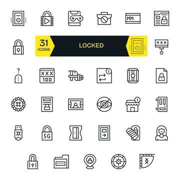 Locked Digital Vector Pack containing 35 Pixel Optimized Regular Line 256x2.. Stock Illustration