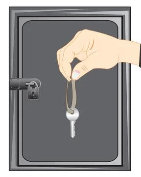 Locked door and hand with key on white background is insulated Stock Illustration