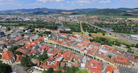 Locked down motion of city skyline of Trencin and Peace Square, Trencin Stock Footage 338100531