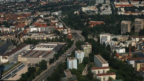 Locked down real time footage of Munich from tv tower towards Olympic park Stock Footage 125249839