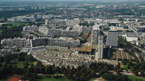 Locked down real time footage of Munich from tv tower towards Olympic park area Stock Footage 125249941