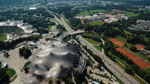 Locked down real time panoramic footage of Munich from tv tower towards Olympic Stock Footage 125251215