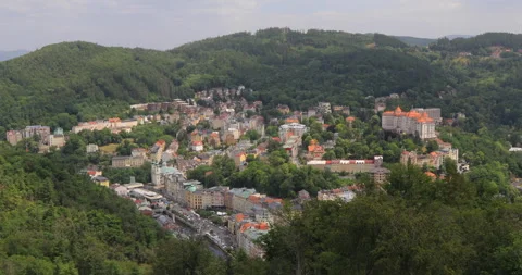 Locked down view of city centre and mountains at Karlovy Vary from lookout Stock Footage 337805959