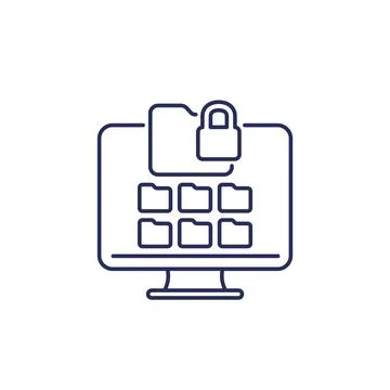 Locked folder icon with computer, line vector Stock Illustration