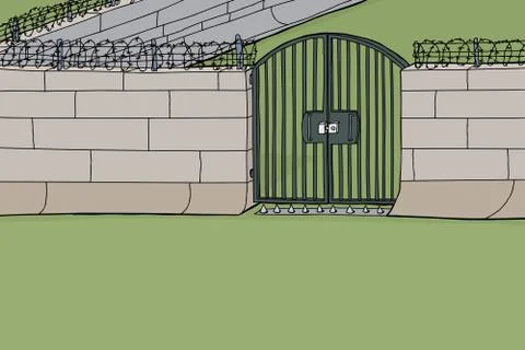 Locked gate with barbed wire Stock Illustration