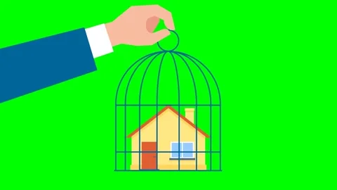 The locked house inside the cage. Yellow house. Hand lifting cage of house. Rent Stock Footage 283669201