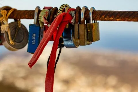 Locked locks, Oia, Santorini Greece Stock Photos