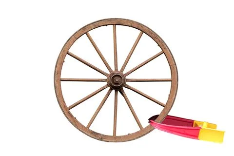 Locked old wooden wheel. breaking the rules. police. fine.isolated on white b Photos