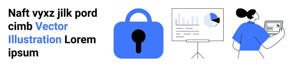 Locked padlock, data chart on presentation screen, person with tablet analyzi Stock Illustration