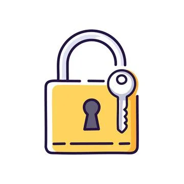Locked padlock key. Yellow padlock with a key, symbolizing safety, security.. Ilustración de archivo