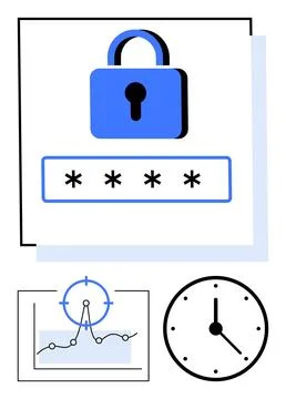 Locked padlock over password input, chart with tracking pointer and graph, an Ilustração Stock