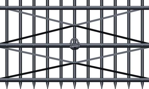 Locked prison metal security gate with spiked fence rails and padlock Stock Illustration