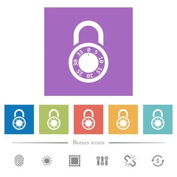 Locked round combination lock flat white icons in square backgrounds Stock Illustration