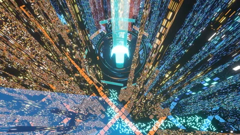 Locked static high-angle view over bustling cybernetic intersection and, 4K Stock Footage 336840785