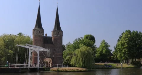 Locked off view of the Eastern gate and historic drawbridge, Delft, Netherlands Stock Footage 275627993