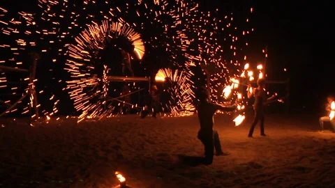 LOCKED OFF view of spectacular Vanuatu fire show being performed on beach Stock Footage 111344630