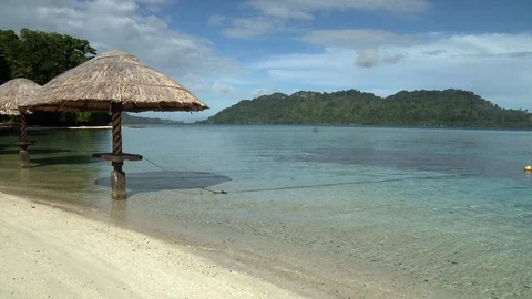 LOCKED OFF View Of Thatched Parasol On Beach with Ocean View Stock Footage 113628140