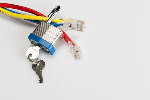 Locked In: Visualizing Cyber Security Through a Padlocked Ethernet Cable 스톡 사진
