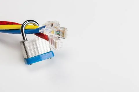 Locked In: Visualizing Cyber Security Through a Padlocked Ethernet Cable 스톡 사진
