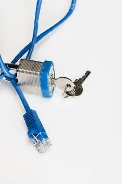 Locked In: Visualizing Cyber Security Through a Padlocked Ethernet Cable 스톡 사진