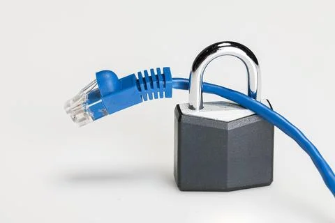 Locked In: Visualizing Cyber Security Through a Padlocked Ethernet Cable 스톡 사진