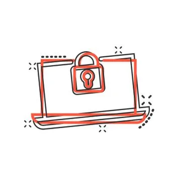 Locker computer icon in comic style. Padlock laptop cartoon vector illustrati Stock Illustration