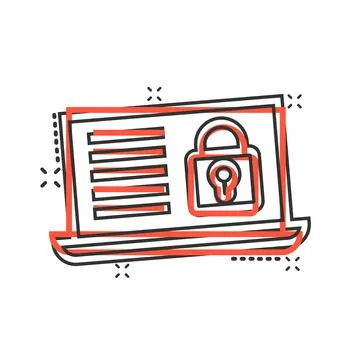 Locker computer icon in comic style. Padlock laptop cartoon vector illustrati Stock Illustration