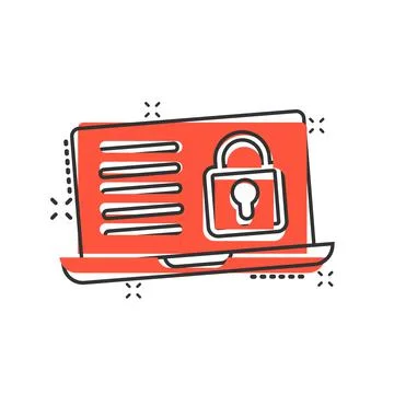 Locker computer icon in comic style. Padlock laptop cartoon vector illustrati Illustrazione stock